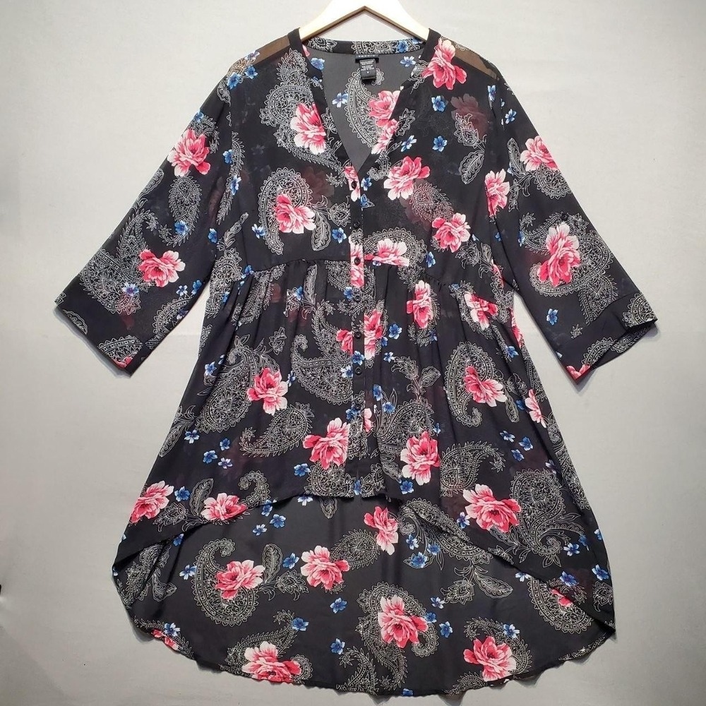 Torrid Floral Paisley Babydoll Tunic Blouse Womens 0X Sheer Boho‎ Whimsigoth